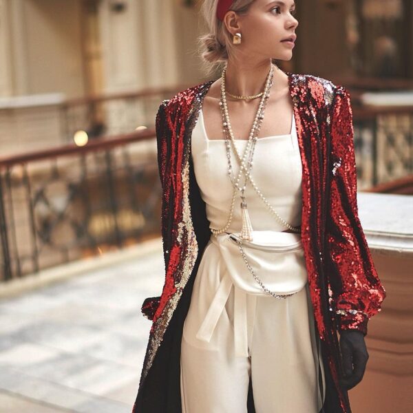 Lani Studio Red And Feathers Sequin Tuxedo Dress, view 2