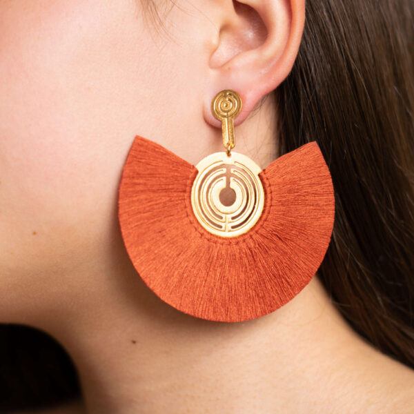 Vattea Mapuche 24 Karats Gold Plated Bronze With Vermilion  Threads Earrings, view 2