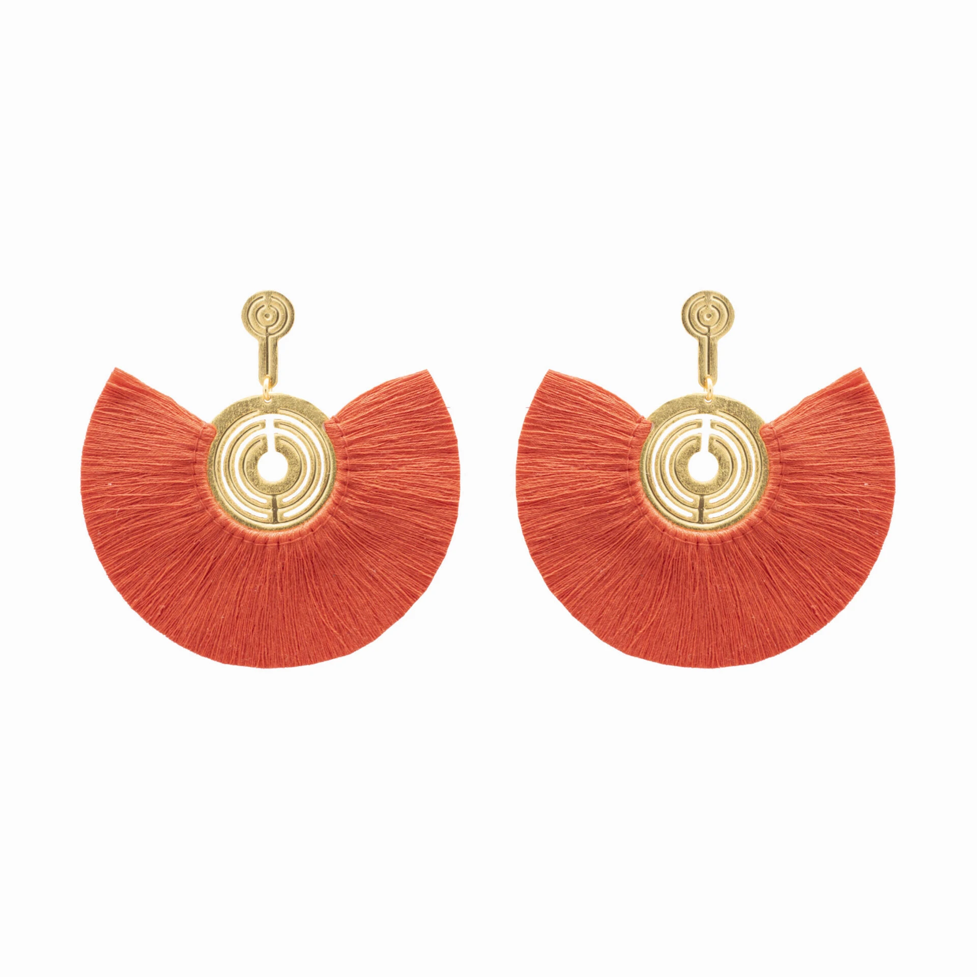 AR17-00056 Mapuche 24 Karats Gold Plated Bronze With Vermilion Threads Earrings Accessories best seller Luxury Shoes