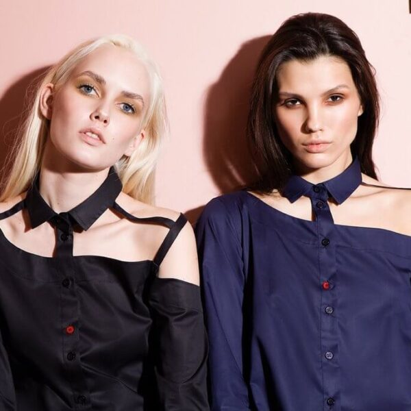 Talented women’s one shoulder button down navy blue cotton blouse, view 2