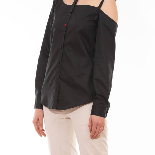 Talented women’s one shoulder button down black cotton blouse, view 3
