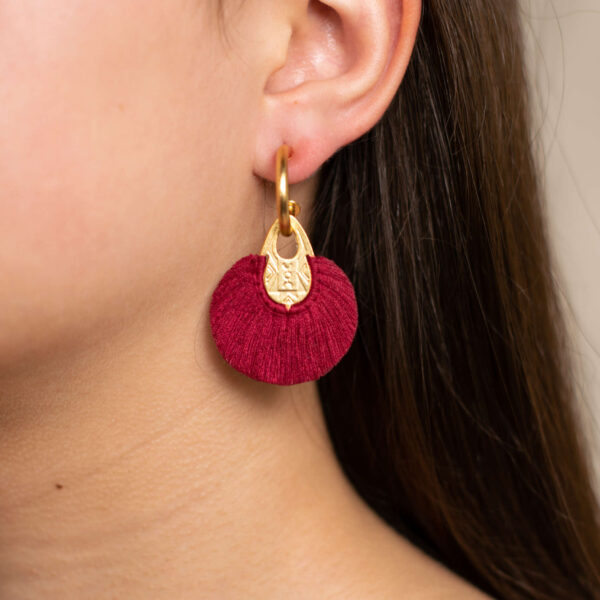 Vattea Hujan 24 Karats Gold Plated Bronze With Magenta  Threads Hoop Earrings, view 2