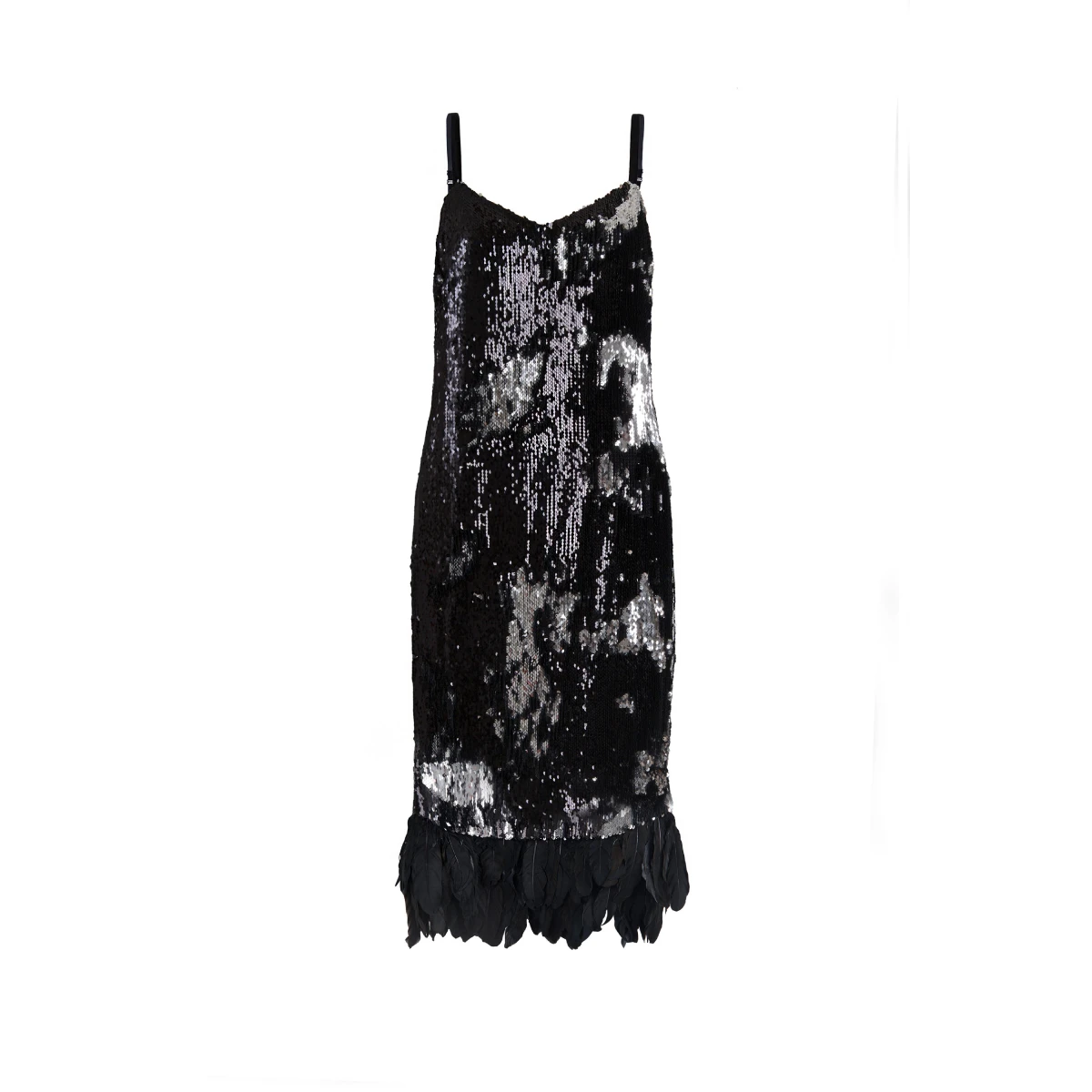 Lina studio (2) Dress In Black And Silver Sequins With Removable Feathers – XL Luxury Shoes
