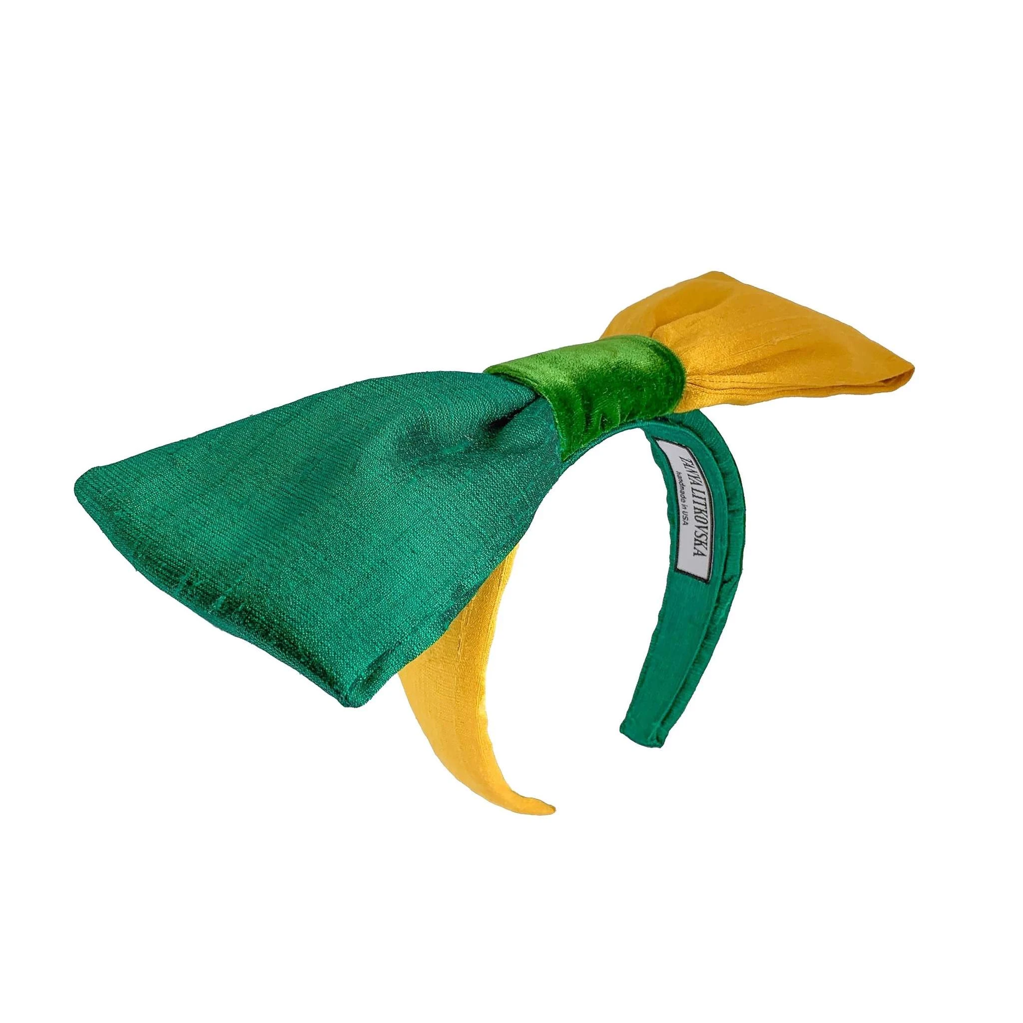 Silk Bow Headband in Green & Yellow Tanya litkovska Women’s Silk Bow Headband in Green & Yellow Accessories black velvet headband Luxury Shoes
