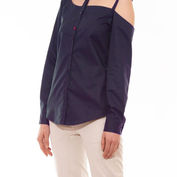 Talented women’s one shoulder button down navy blue cotton blouse, view 3
