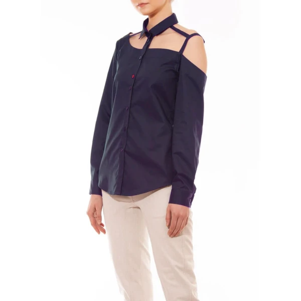 Talented women’s one shoulder button down navy blue cotton blouse – L   Luxury Shoes 
