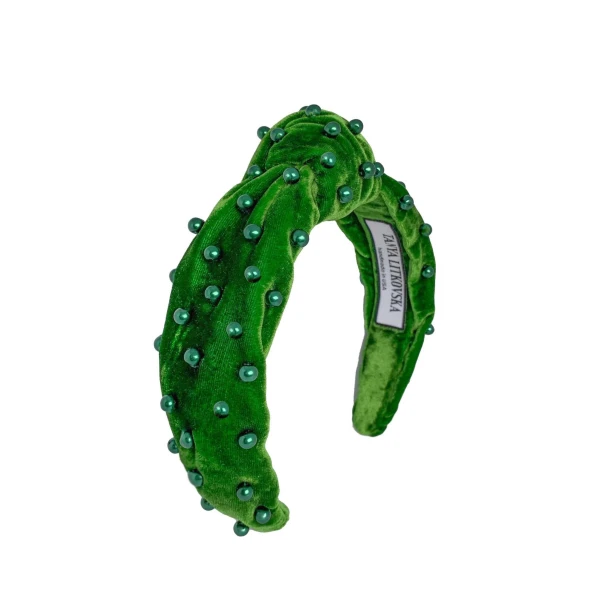 Tanya litkovska Women’s Pearled Grass Green Velvet Knotted Headband Accessories black velvet headband Luxury Shoes 
