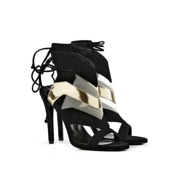 Etty Leon women’s cloe black metallic leather heeled sandals Sandals  Luxury Shoes 