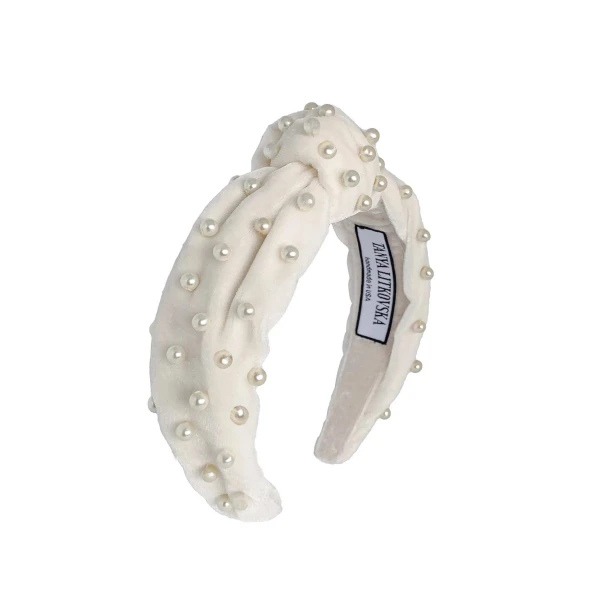 Pearled Off White Velvet Knotted Headband Accessories emerging designer Luxury Shoes 