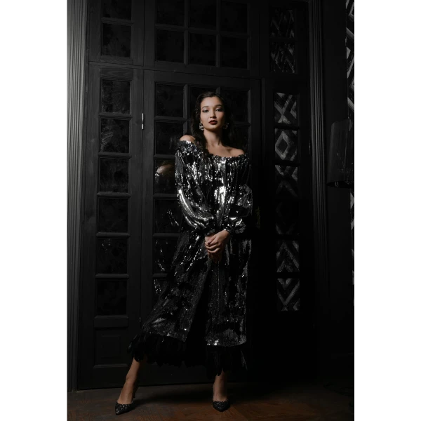 silver sequin tuxedo dress Sequin Shoulder Dress With Removable Feathers Clothing Cocktail Party Luxury Shoes 