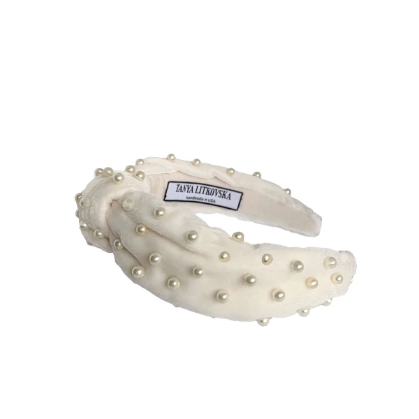 Pearled Off White Velvet Knotted Headband Accessories emerging designer Luxury Shoes 
