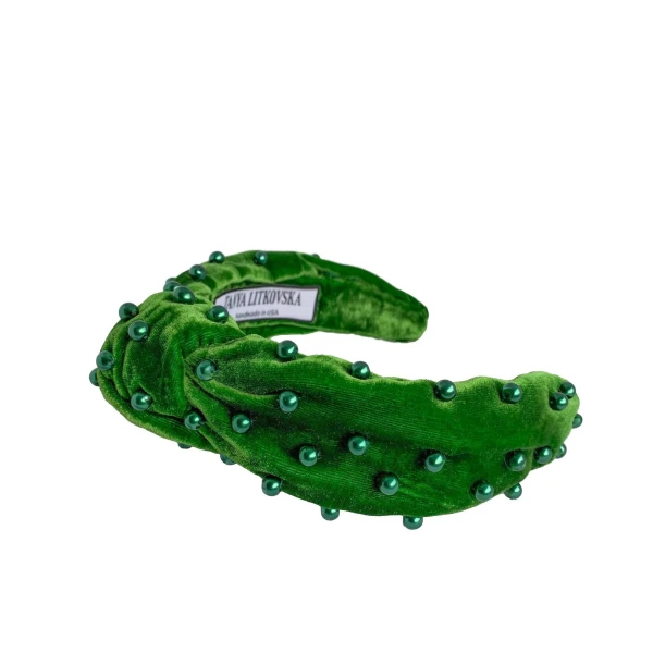 Tanya litkovska Women’s Pearled Grass Green Velvet Knotted Headband Accessories black velvet headband Luxury Shoes 