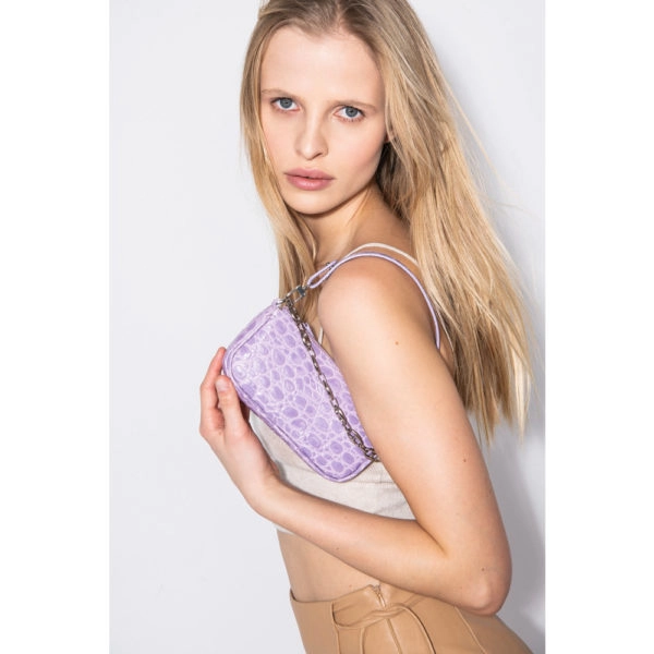 By Far Mini rachel lilac circular croco embossed leather bag, view 3