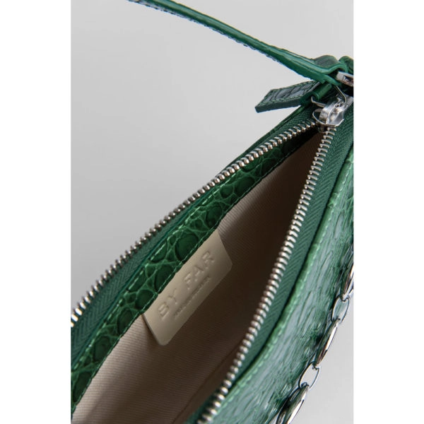 By Far Mini rachel racer green circular croco embossed leather bag, view 3