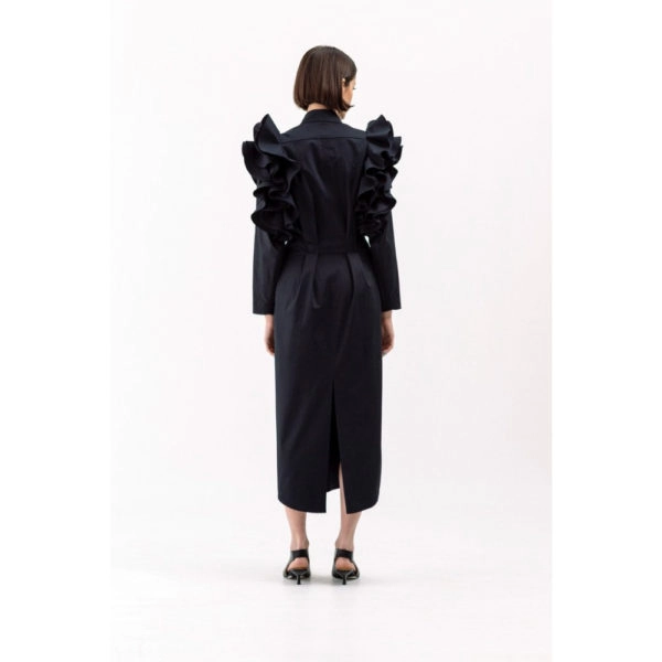 Talented Ruffled shoulders black dress, view 4