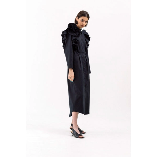 Talented Ruffled shoulders black dress, view 3