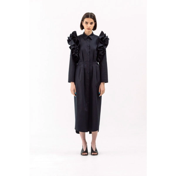 Talented Ruffled shoulders black dress, view 2