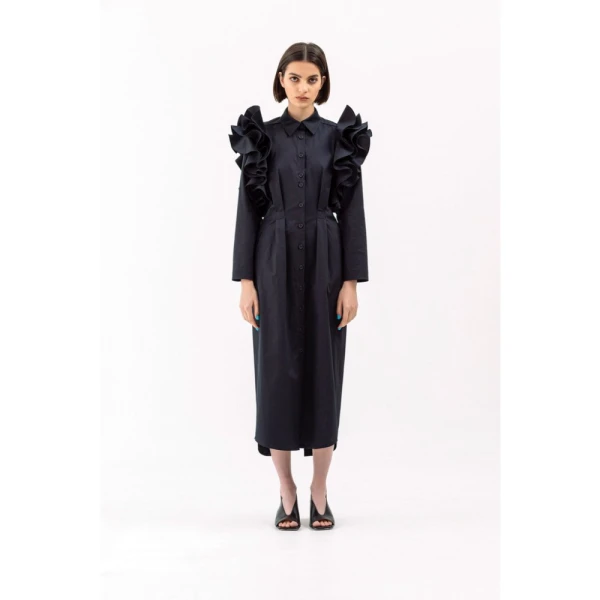 Ruffled shoulders black dress Clothing curated marketplace Luxury Shoes 