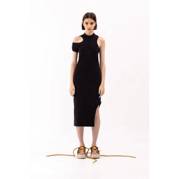 Talented Asymmetric jersey black dress, view 2