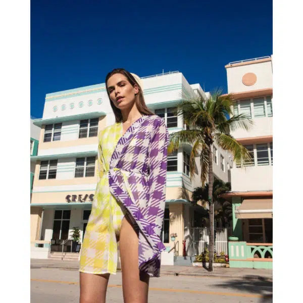 Verdelimon San juan purple yellow square swimwear cover up, view 2