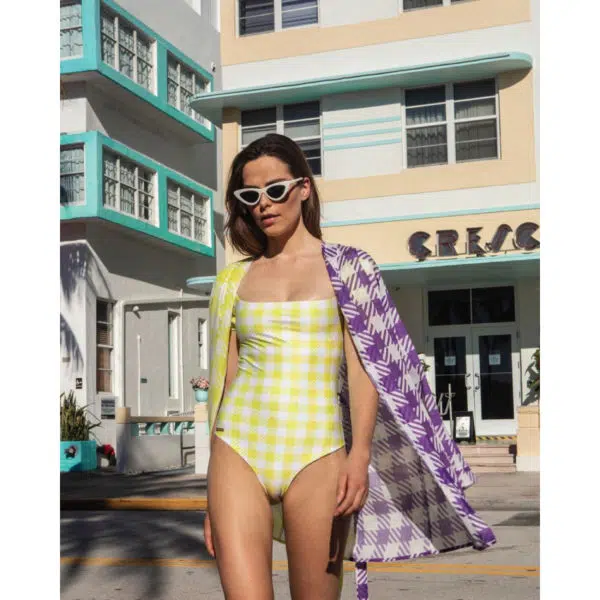 Verdelimon San juan purple yellow square swimwear cover up, view 3