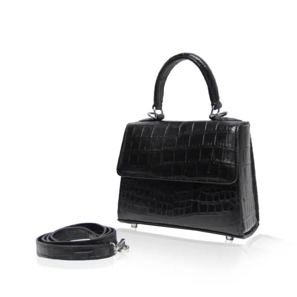 Bangkok Bootery Goldmas crocodile belly leather matte black handbag, view 4