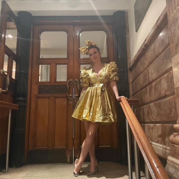Madeleine Simon Dogecoin Gold Metallic V Neck Wrap Dress, view 4