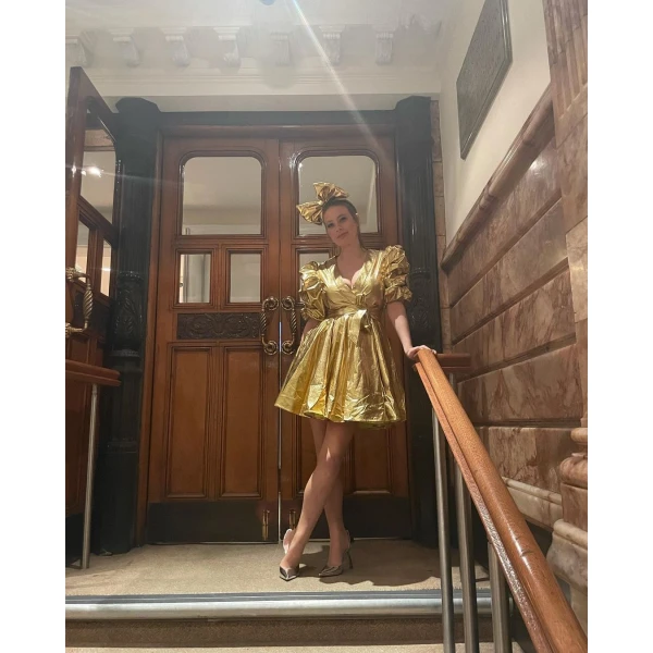 V Neck Wrap Dress Dogecoin Gold Metallic V Neck Wrap Dress Clothing american designer Luxury Shoes 