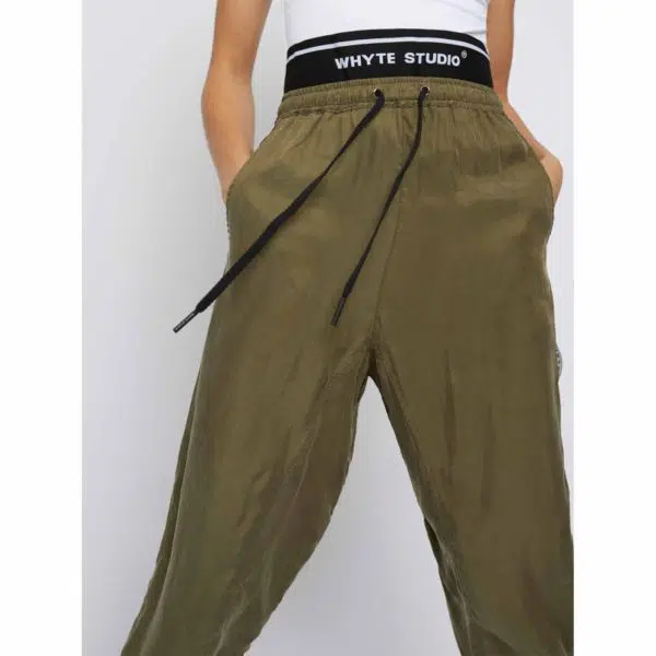 Whyte Studio The track military green silk jogger, view 4