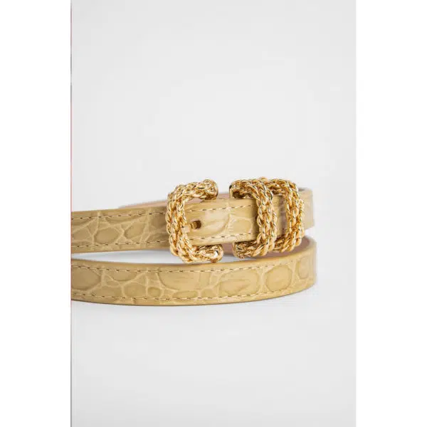 By Far Kat flax circular croco embossed leather belt, view 2