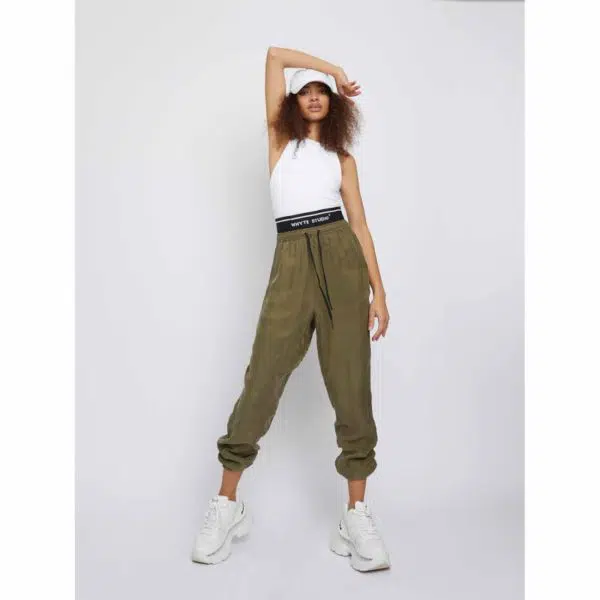 Whyte Studio The track military green silk jogger, view 2