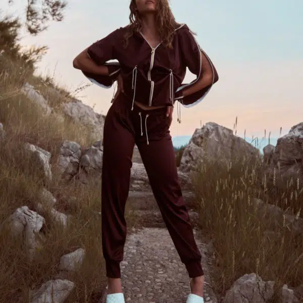 Antoninias Voguish bottom tracksuit in chocolate red, view 3