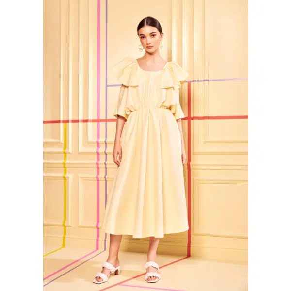 Poca & Poca Cotton bud yellow midi dress, view 2