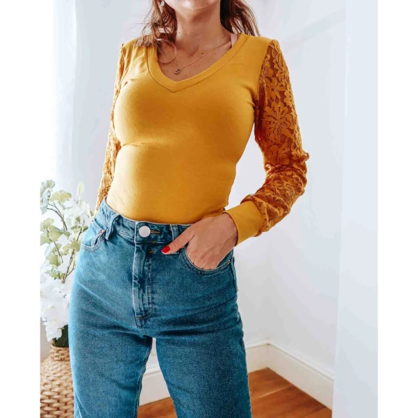 Mustard Yellow Cotton V-Neck Top Clothing cotton top Luxury Shoes 