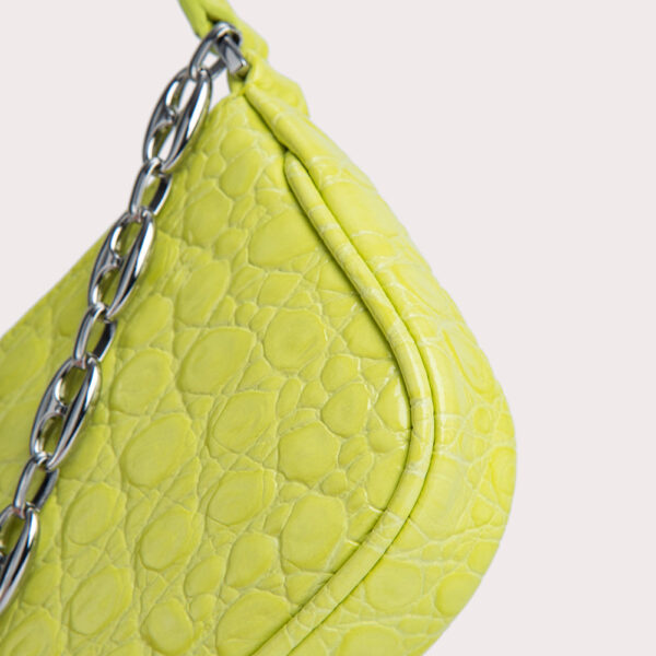 By Far Mini rachel acid green circular croco embossed leather bag, view 3