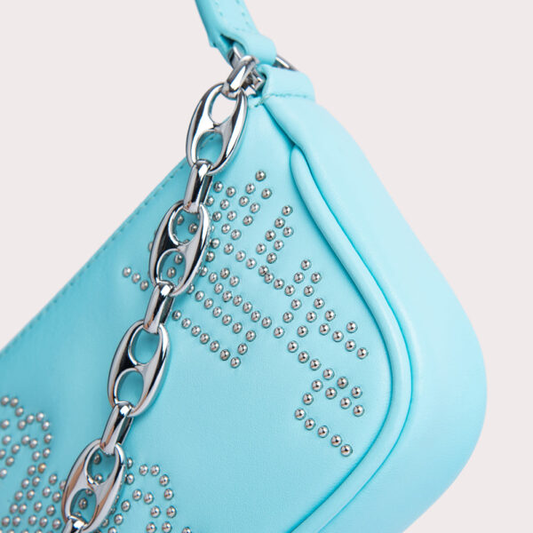 By Far Mini rachel baby blue stud leather bag, view 3
