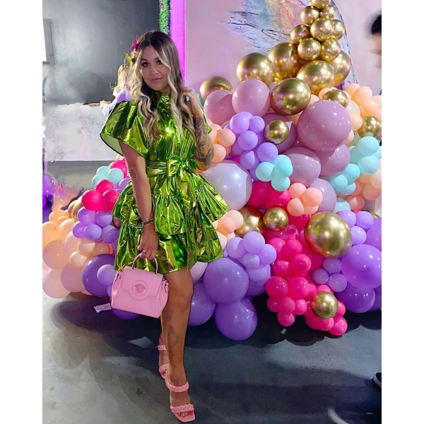 ruffle dress Dragon fire green metallic ruffle dress Clothing Ankle Length Luxury Shoes 