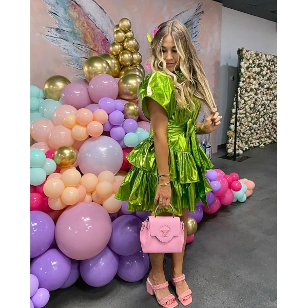 ruffle dress Dragon fire green metallic ruffle dress Clothing Ankle Length Luxury Shoes 