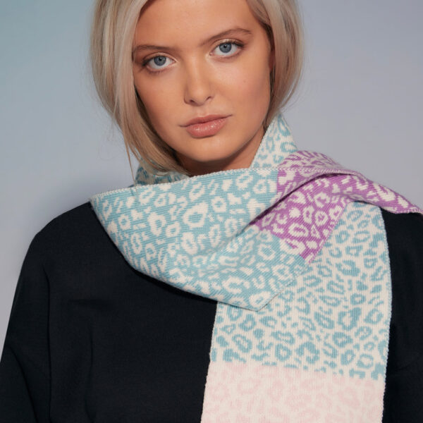 Ingmarson Leopard Block Colour Wool & Cashmere Scarf Pastel, view 2