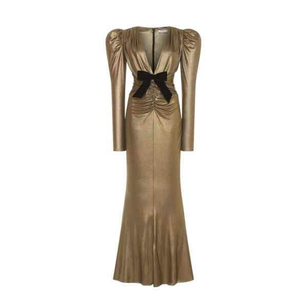 Laminated Jersey V-Neck Evening Dress With Bow Laminated Jersey V-Neck Evening Dress With Bow Clothing Alessandra Rich Luxury Shoes 