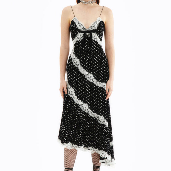 Alessandra Rich Heart Print Silk Slip Dress With Lace, view 2