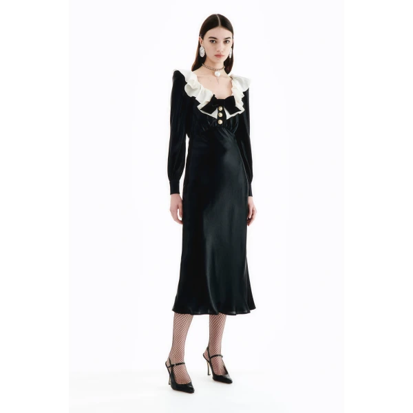 Laminated Silk Dress With Volant Collar