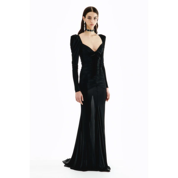 Laminated Jersey Draped Evening Dress