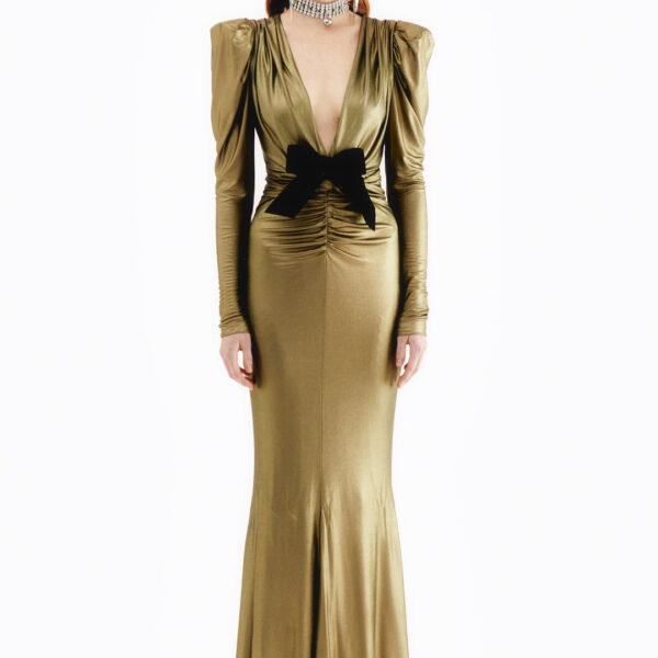 Alessandra Rich Laminated Jersey V-Neck Evening Dress With Bow, view 2