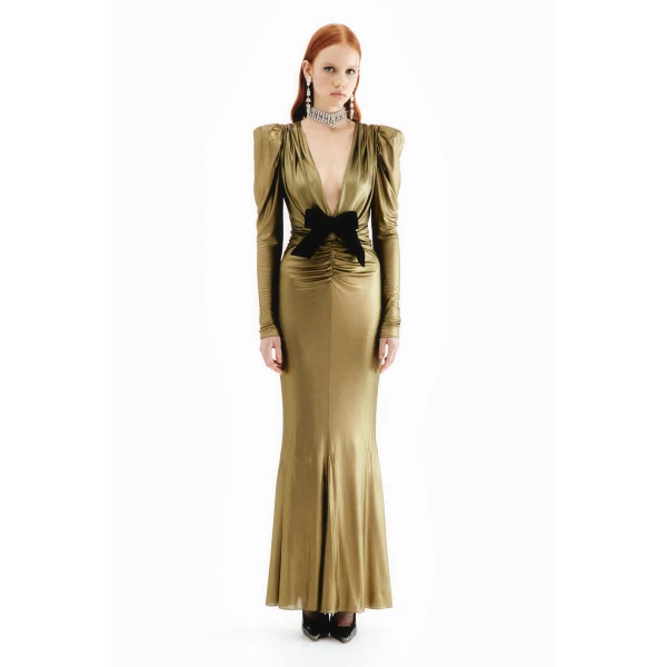 Laminated Jersey V-Neck Evening Dress With Bow