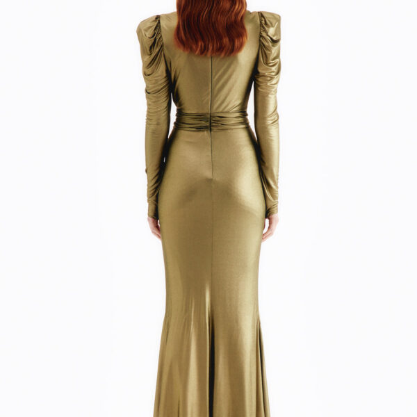 Alessandra Rich Laminated Jersey V-Neck Evening Dress With Bow, view 4