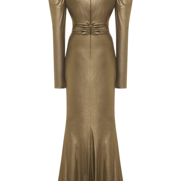 Alessandra Rich Laminated Jersey V-Neck Evening Dress With Bow, view 3