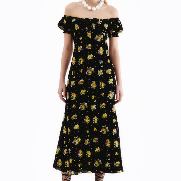 Alessandra Rich Daisy Print Silk Off The Shoulder Dress, view 2