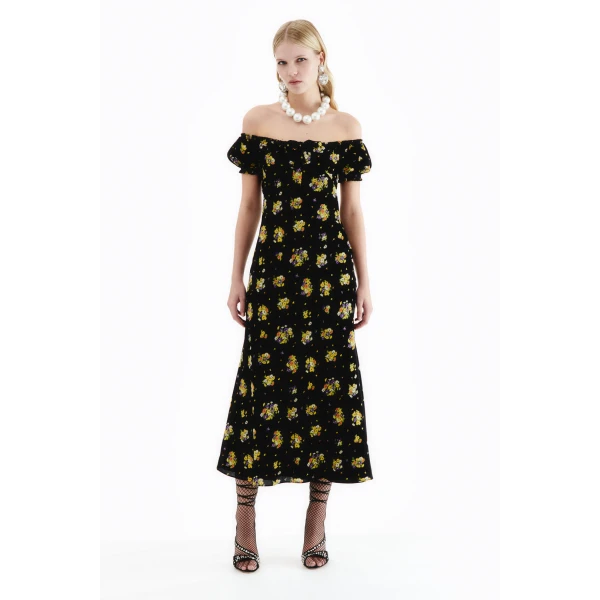 Daisy Print Silk Off The Shoulder Dress