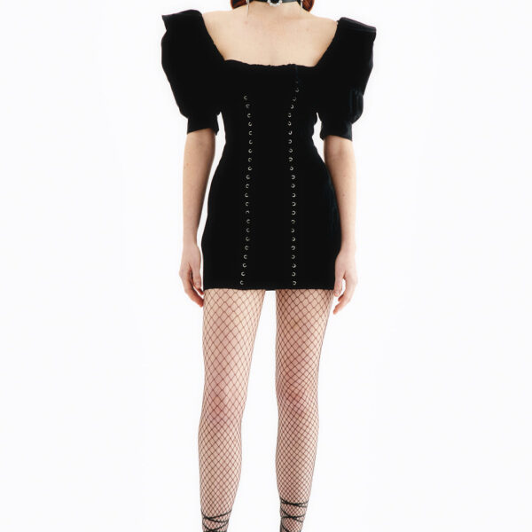 Alessandra Rich Moiré Mini Dress With Lace Up, view 2